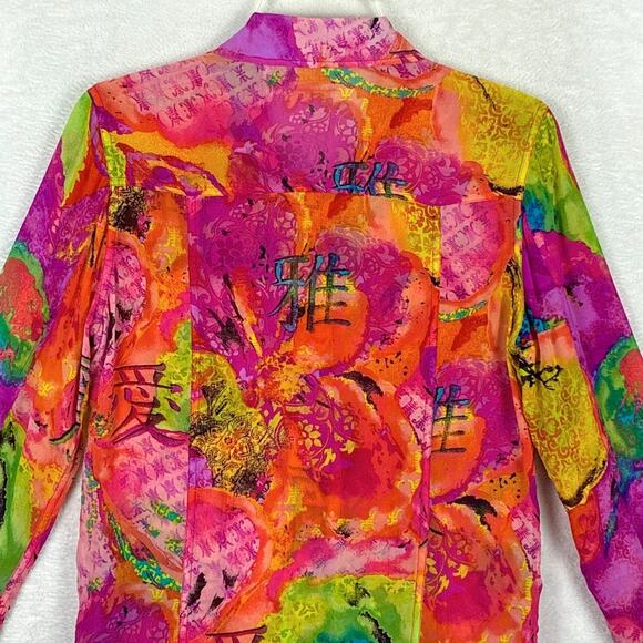 Chicos Silk Shirt Womens 0 (S) Pink Sheer Multicolor Abstract Maximalist Art AOP - Picture 4 of 8